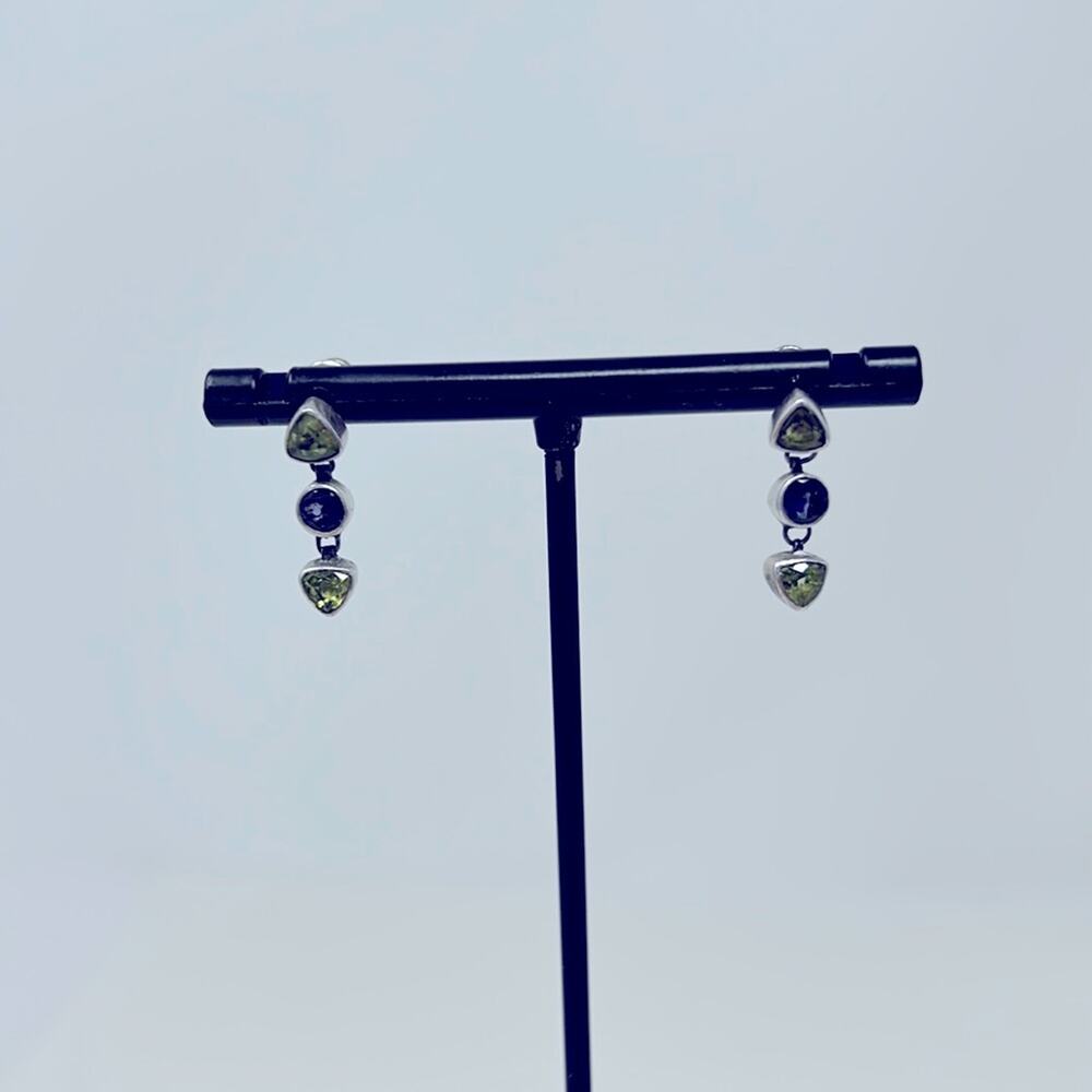Vintage 925 Women's Blue & Green Gem Stone Dangle Earrings Size 1/2 Inch